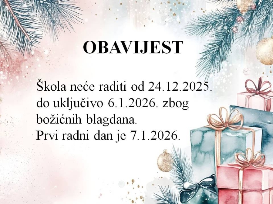 Radno vrijeme &scaron;kole za vrijeme zimskih praznika